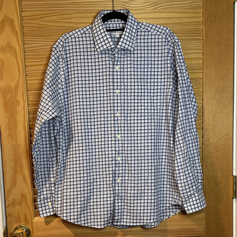 Peter Millar Navy and White Plaid Shirt